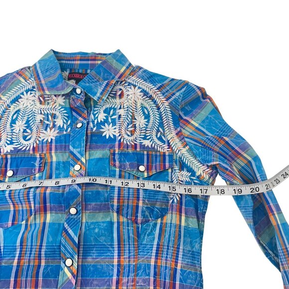 Rock & Roll Cowgirl Blue Plaid Western Snap Button Shirt SZ M Embroidered - Picture 5 of 13